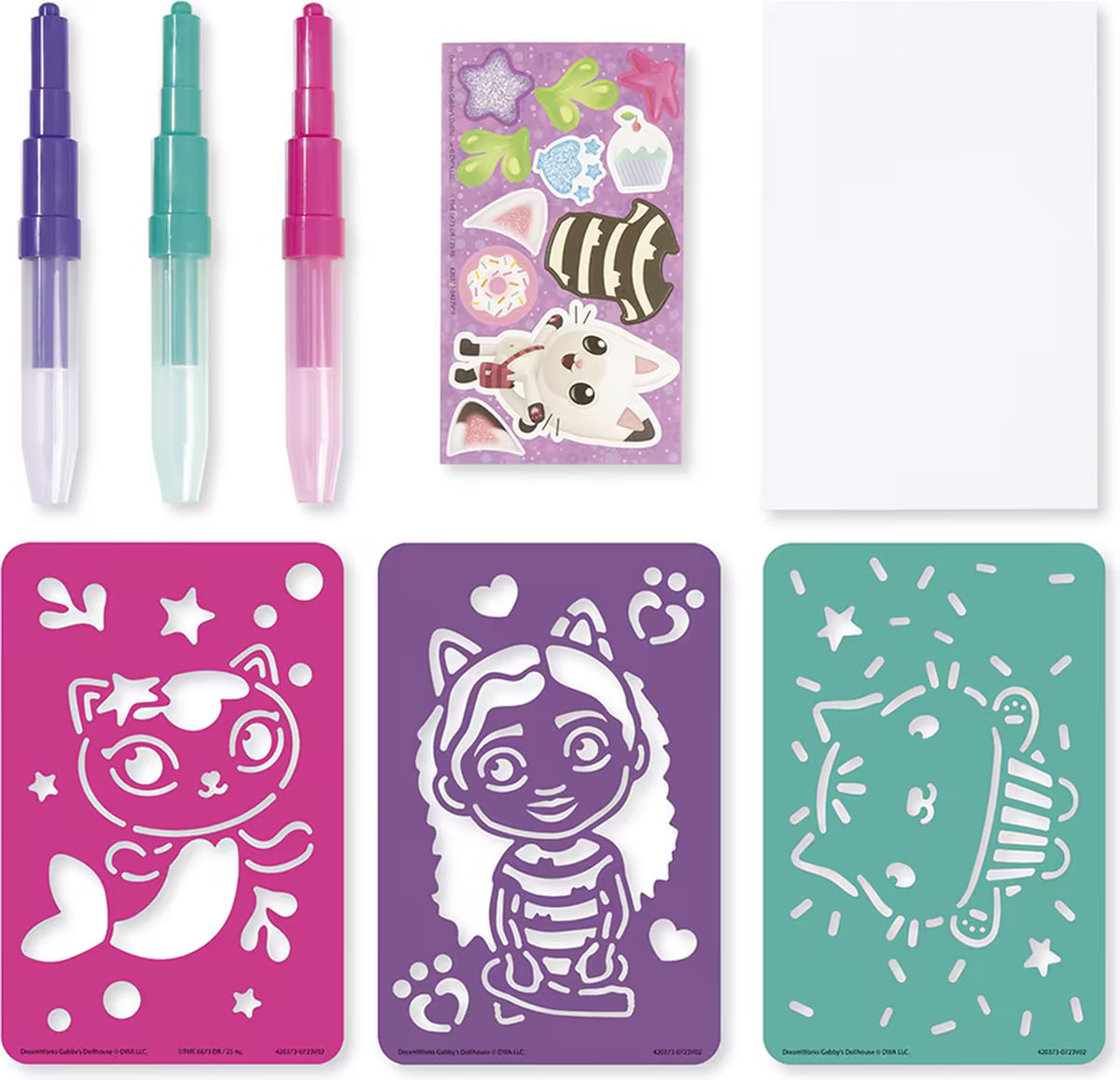 Overzicht van Gabby’s Dollhouse set met drie stencils, spraypennen, stickers en papier, perfect knutsel idee voor kinderen.