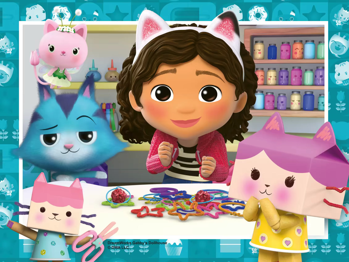 Gabby knutselt samen met kattige vriendjes in Gabby’s poppenhuis, vrolijke puzzel vol kleuren voor peuters.