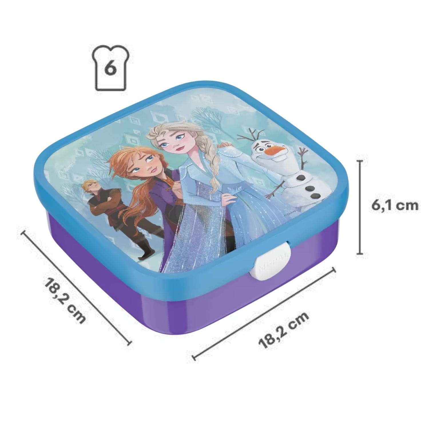 Grote broodtrommel van Mepal Disney Frozen, afmetingen 18,2 x 18,2 x 6,1 cm, geschikt voor zes boterhammen.