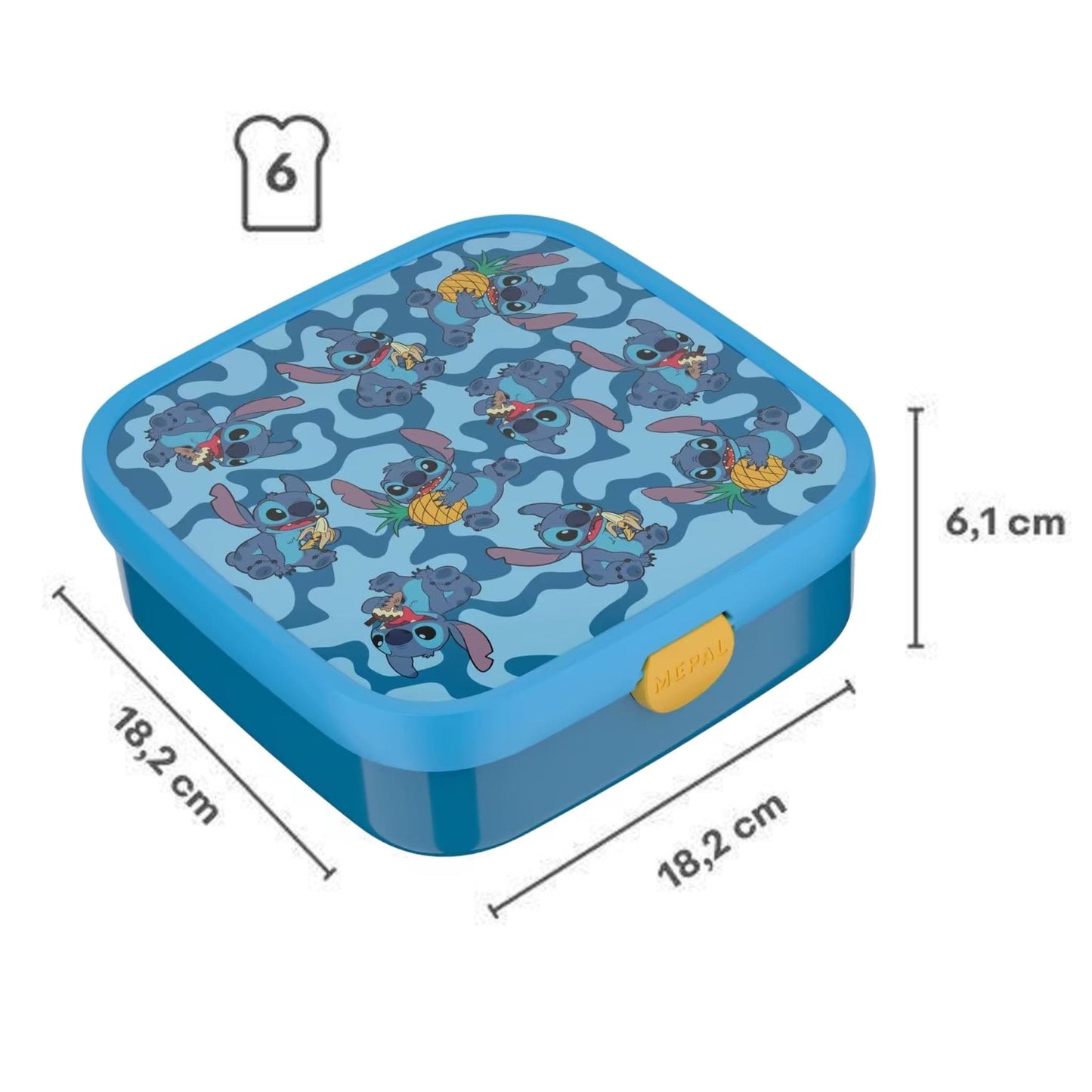 Grote broodtrommel van Mepal disney Stitch, afmetingen 18,2 x 18,2 x 6,1 cm, geschikt voor zes boterhammen.