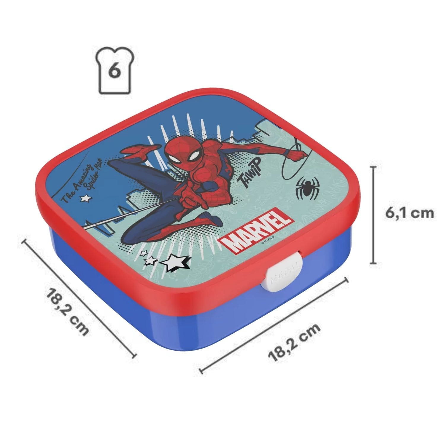 Grote broodtrommel van Mepal Marvel Spiderman, afmetingen 18,2 x 18,2 x 6,1 cm, geschikt voor zes boterhammen.