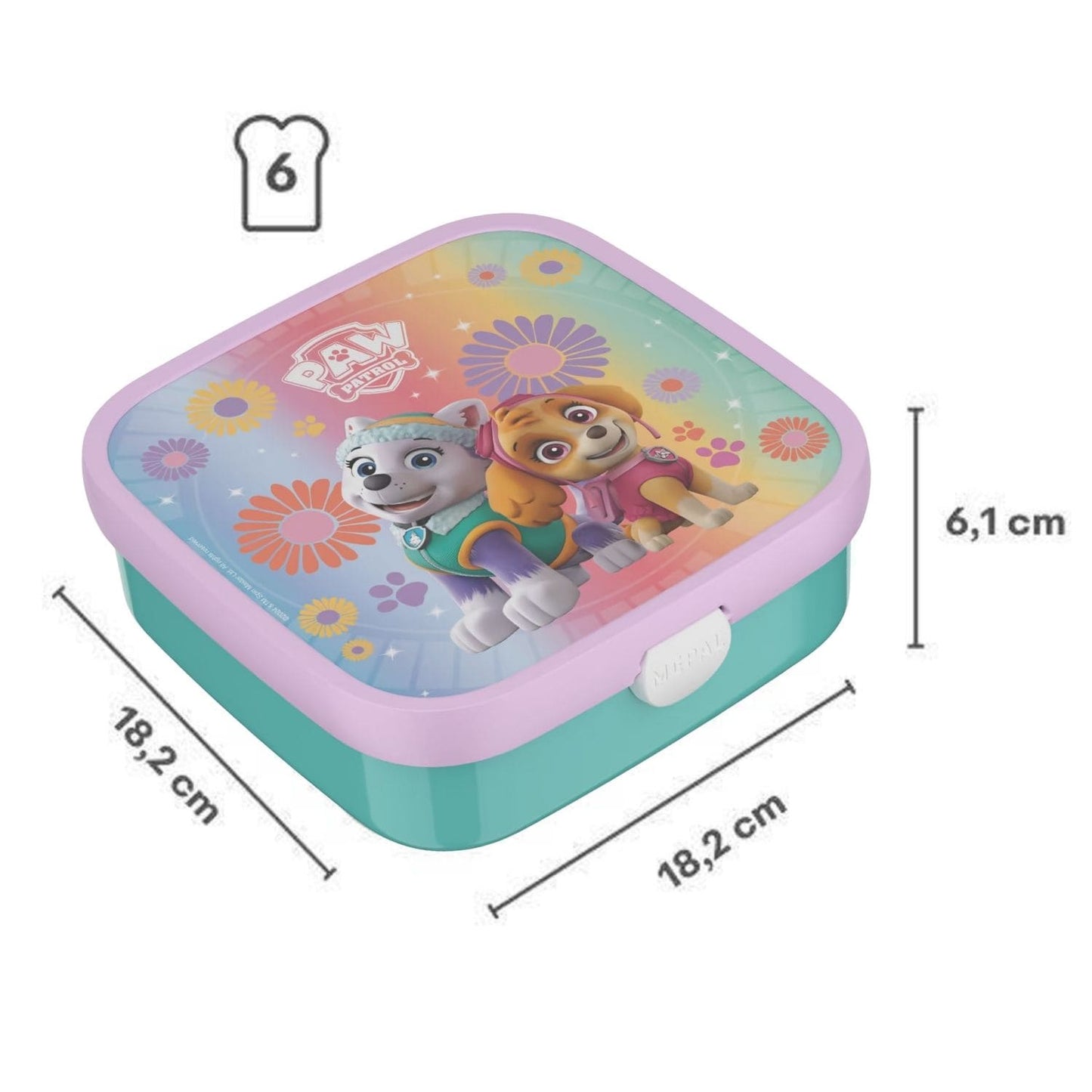Grote broodtrommel van Mepal PAW Patrol girls, afmetingen 18,2 x 18,2 x 6,1 cm, geschikt voor zes boterhammen.