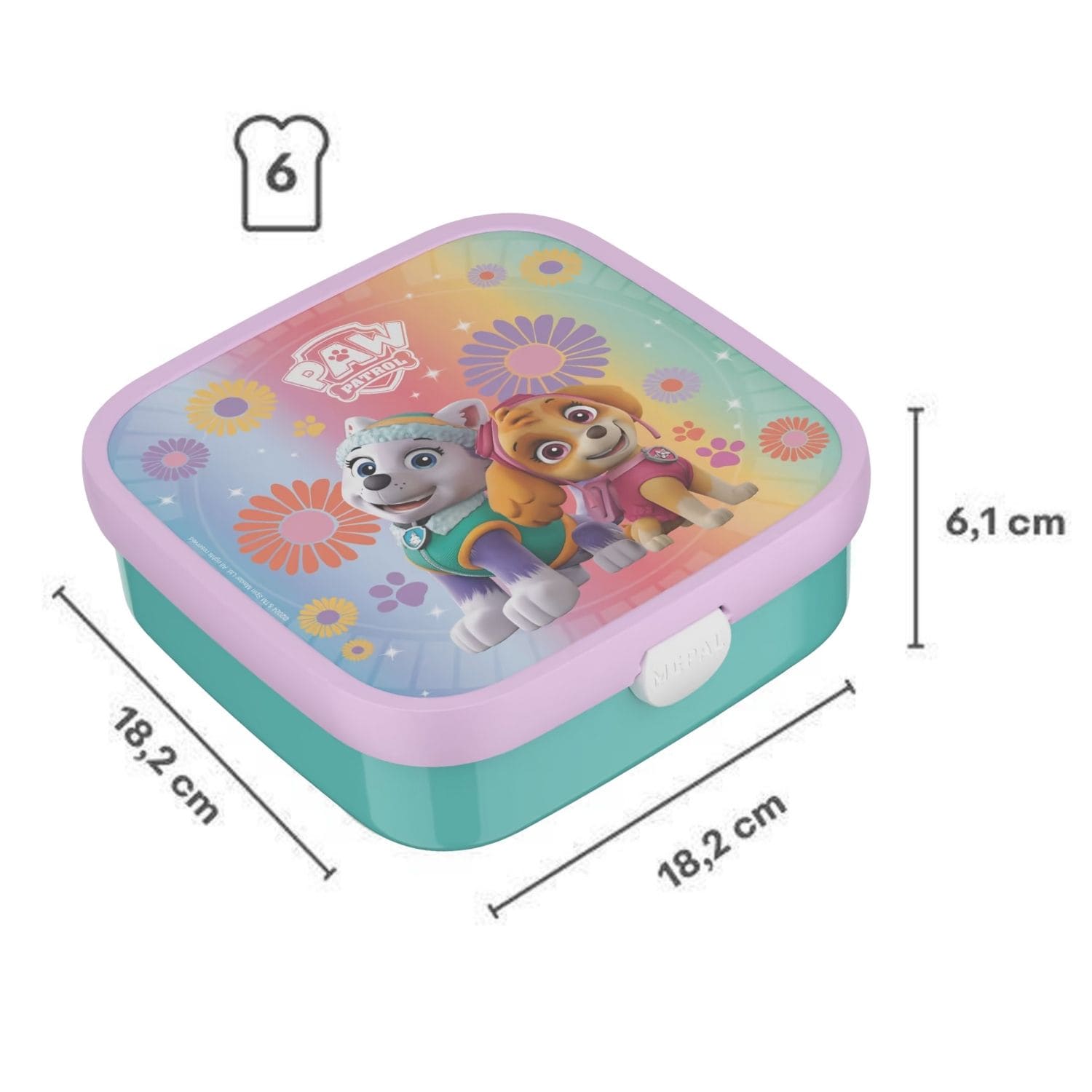 Grote broodtrommel van Mepal PAW Patrol girls, afmetingen 18,2 x 18,2 x 6,1 cm, geschikt voor zes boterhammen.