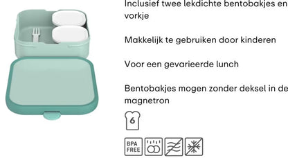 Grote broodtrommel van Mepal met twee bento bakjes en vorkje, ideaal voor gevarieerde en kindvriendelijke lunch.