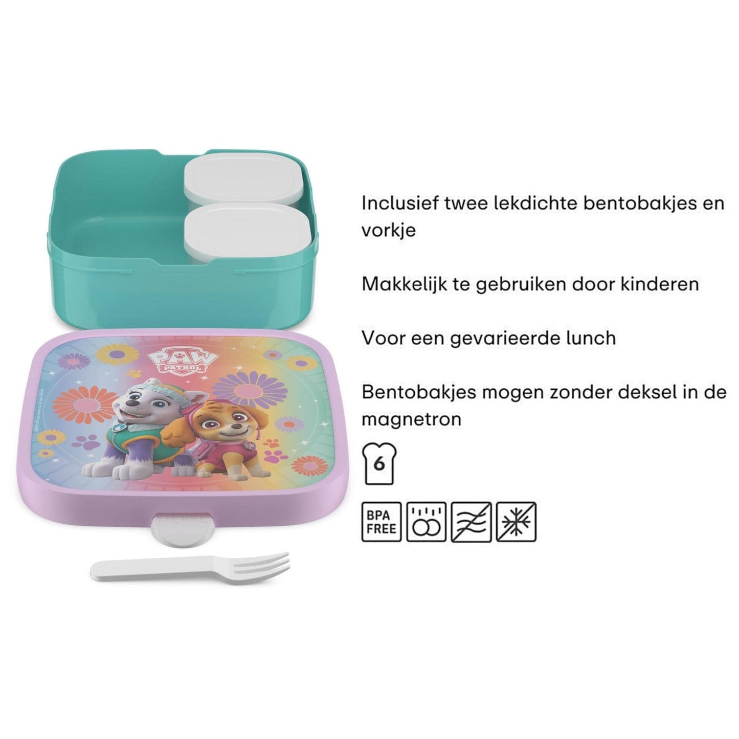 Grote PAW Patrol girls broodtrommel van Mepal met twee bento bakjes en vorkje, met specificaties 
