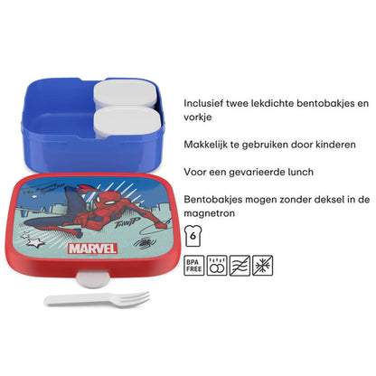 Grote Marvel Spiderman broodtrommel van Mepal met twee bento bakjes en vorkje, met specificaties 
