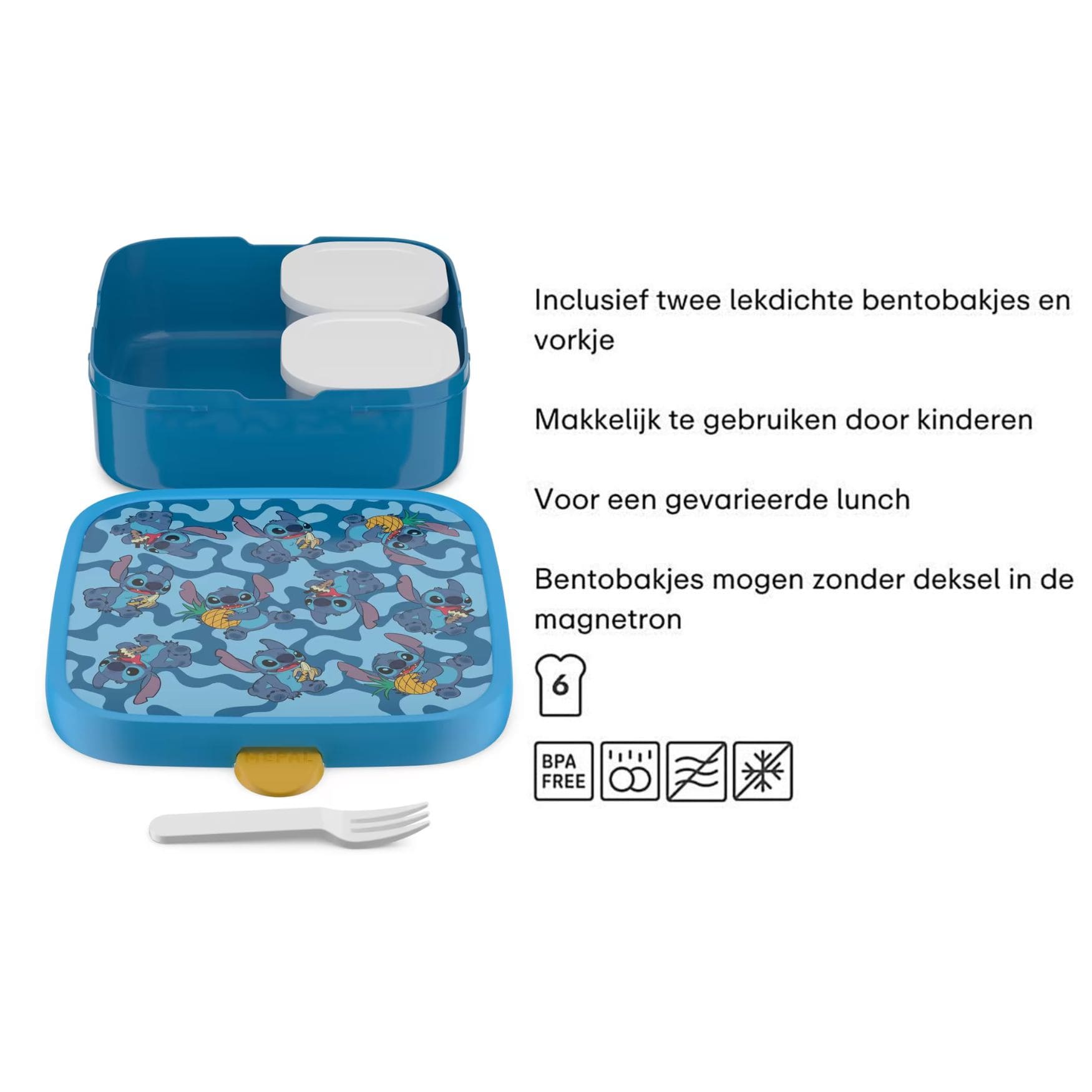 Grote Disney Stitch broodtrommel van Mepal met twee bento bakjes en vorkje, met specificaties 