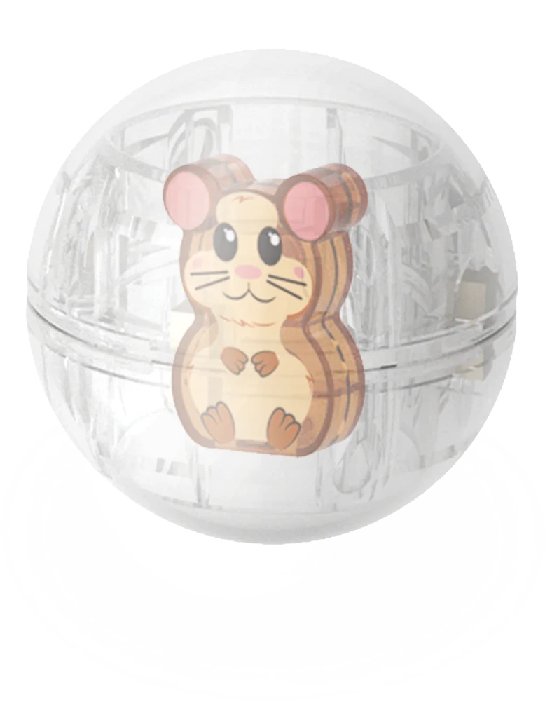Gesloten transparante Hamster Ball met schattig hamster erin, onderdeel van magneet speelgoed.