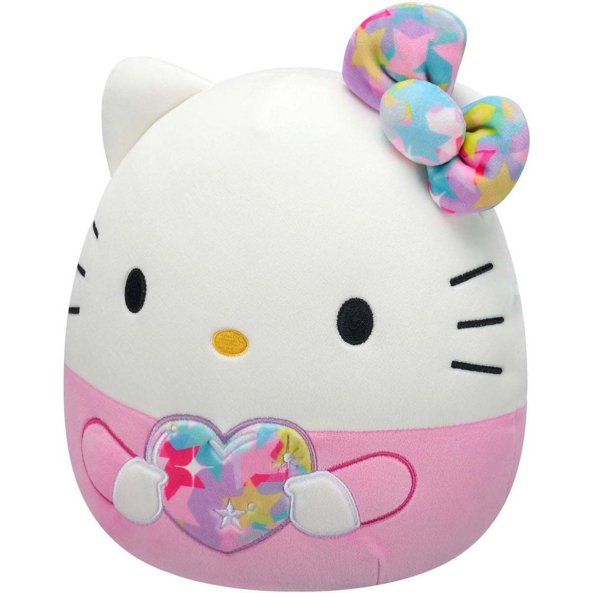 Squishmallow Hello Kitty knuffel voorkant met gele neus, roze basis en hart met sterren applicatie