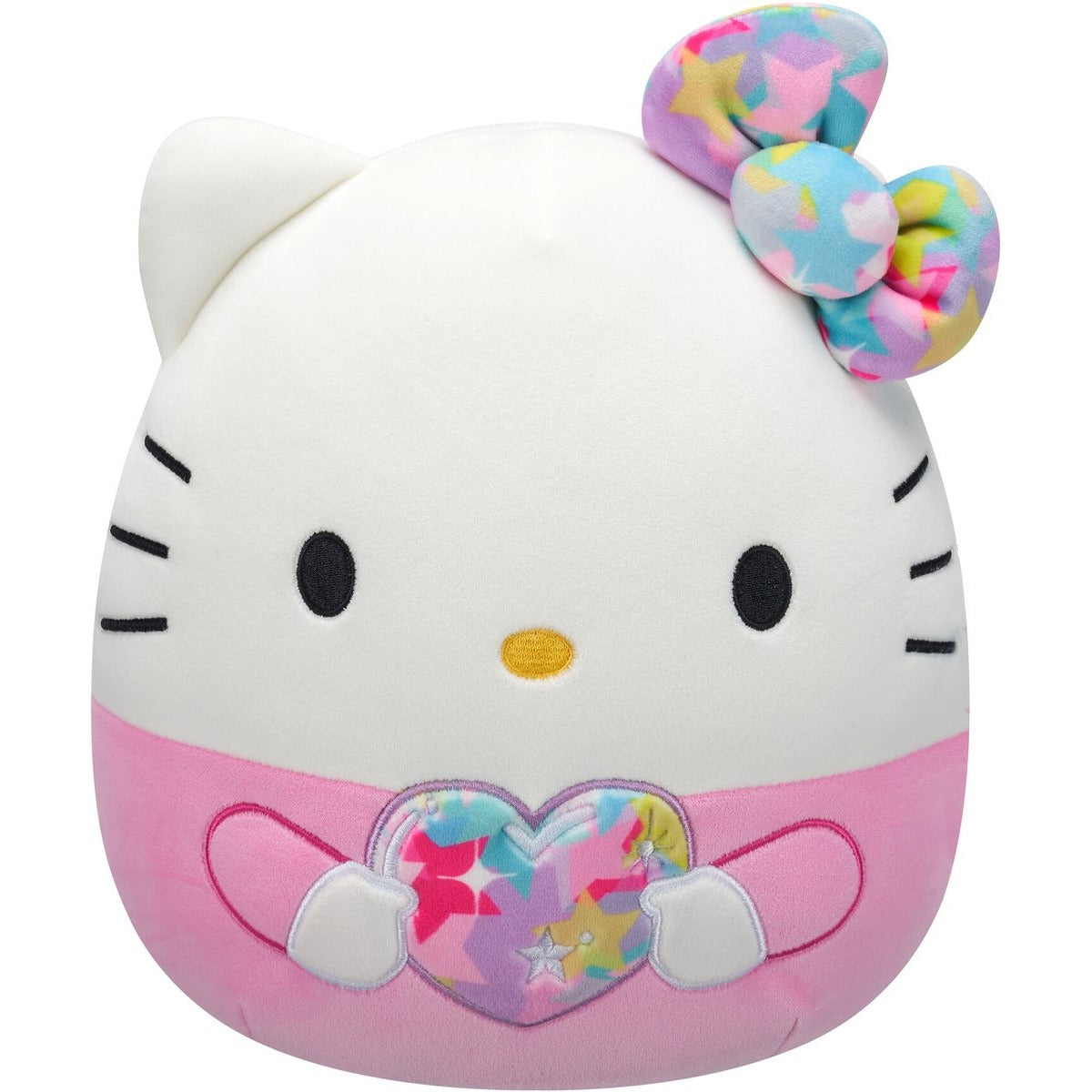 Squishmallow Hello Kitty knuffel voorkant met regenboogstrik detail foto close-up