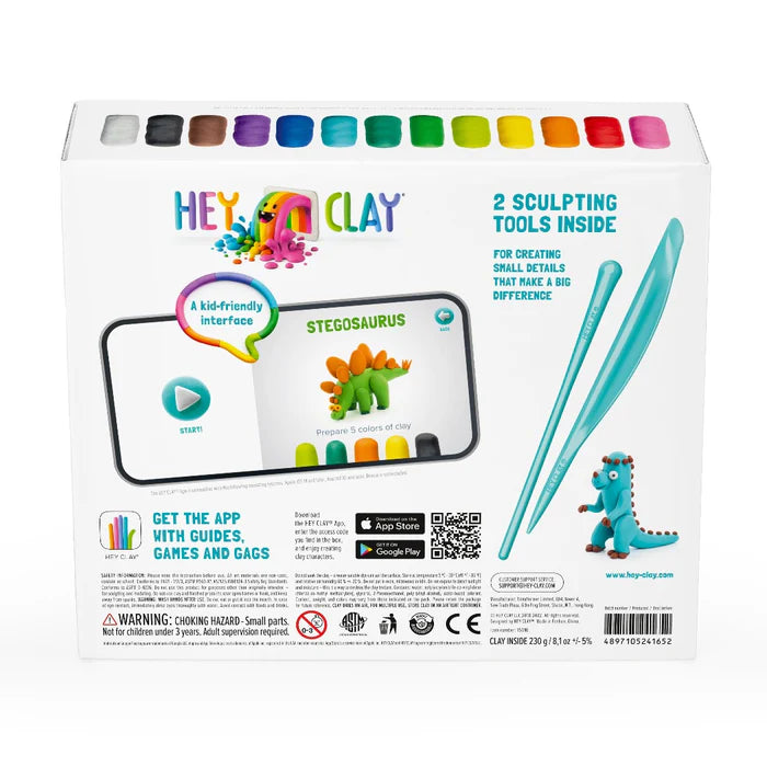 Hey clay achterkant doos met boetseerklei, instructies voor het maken van klei ideeën voor kinderen zoals een dinosaurus.