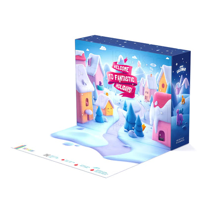 Achterzijde van Hey Clay Advent Calender 2025 doos met kleurrijke illustraties, boordevol klei ideeën voor kinderen.