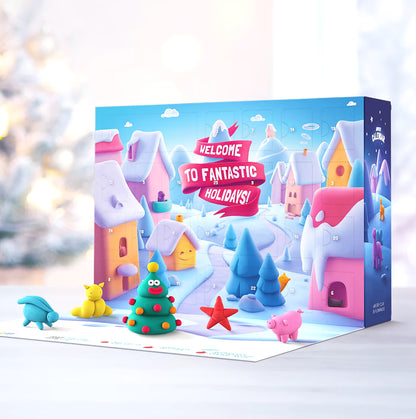 Open Hey Clay Advent Calender 2025 doos met kleurrijke kleifiguren, perfect voor creatief kleien en kerstcadeau.