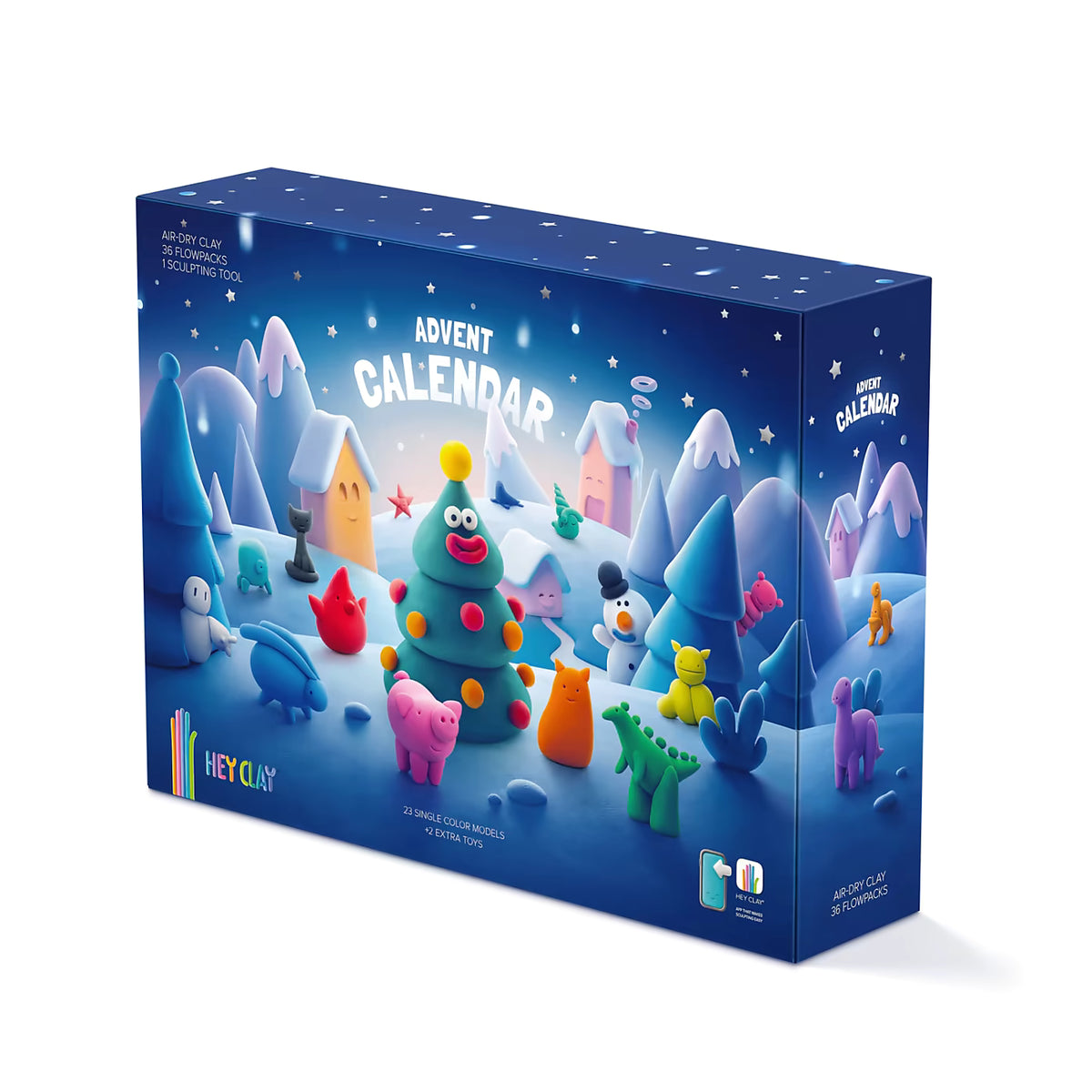 Voorkant van Hey Clay Advent Calender 2025 verpakking met kleurrijke klei ideeën, perfect kerstcadeau voor kinderen.