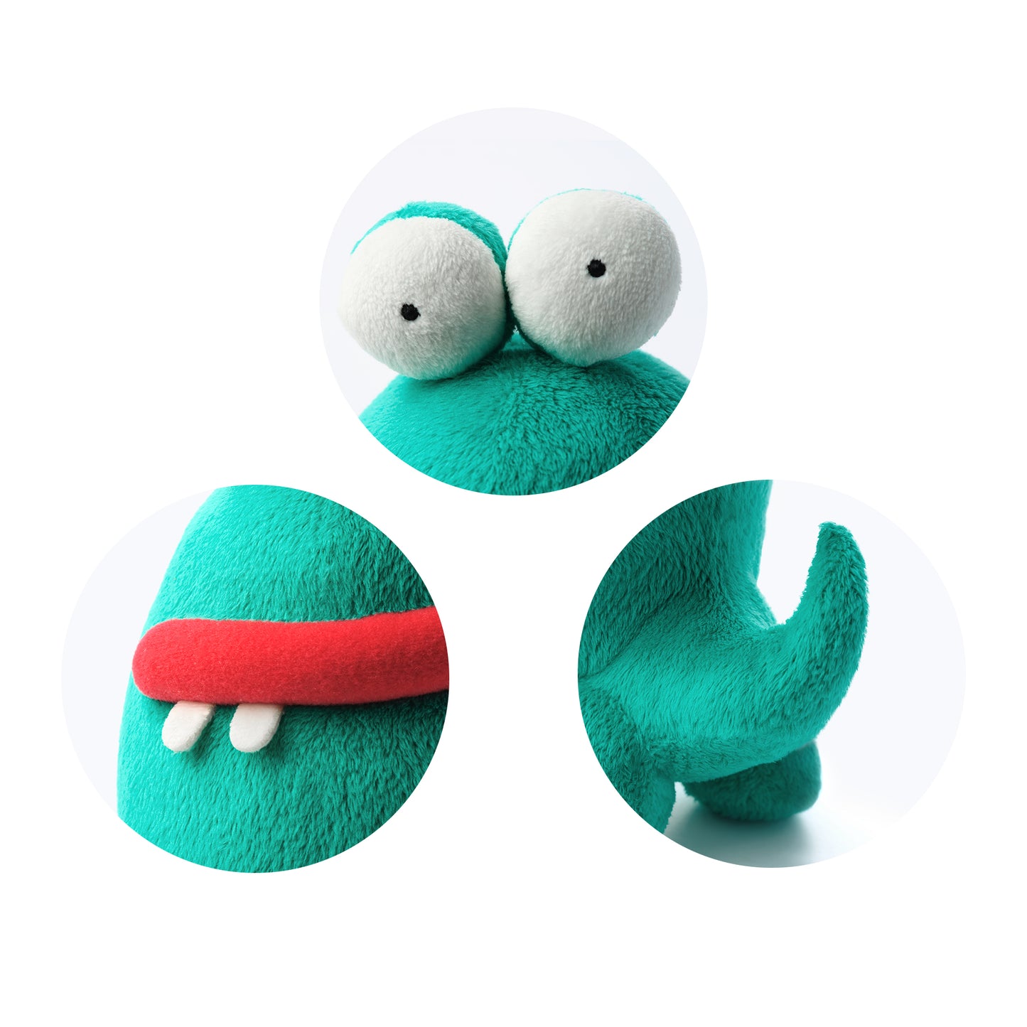 Hey Clay alien knuffel Pi detailfoto met close-up van grote ogen, mond en zachte turquoise staart