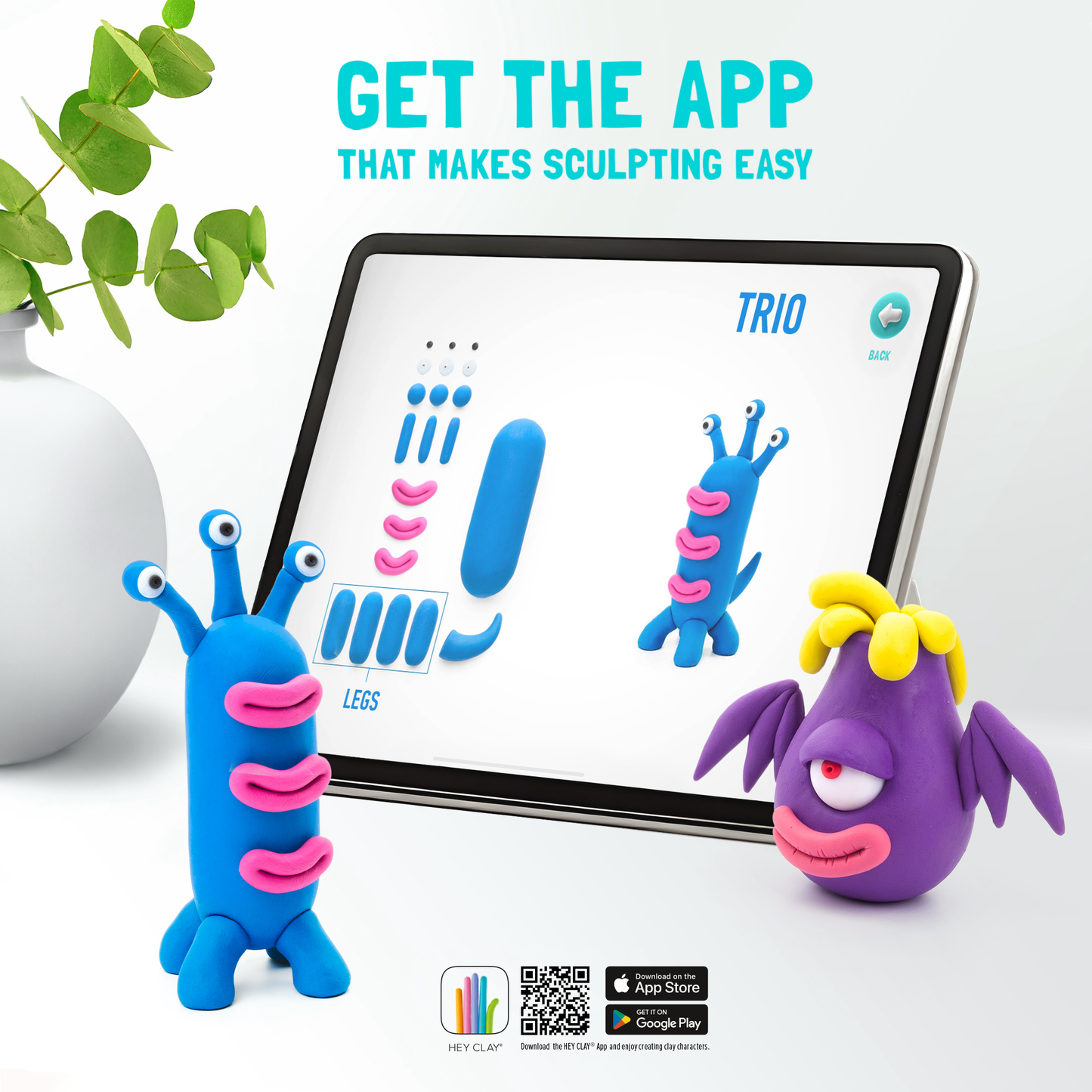 Hey Clay Aliens app interface op tablet met stap-voor-stap instructies voor kleien van Trio