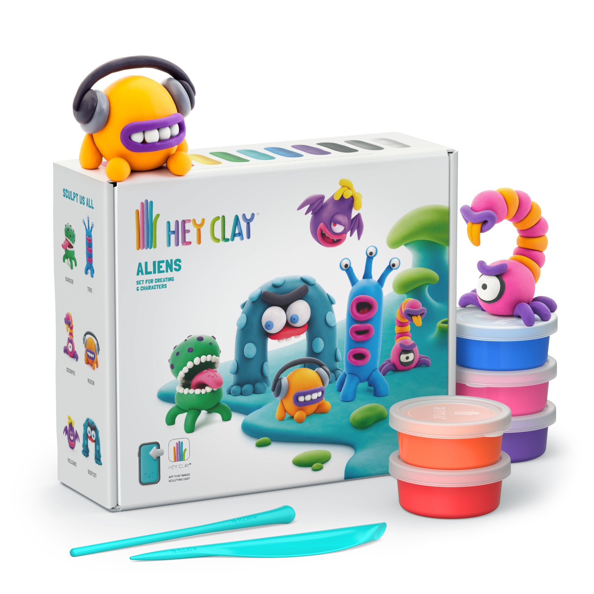 Hey Clay Aliens set voorkant verpakking met 15 potjes boetseerklei en kleurrijke alien figuren