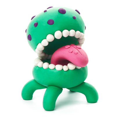 Hey Clay Aliens groene alien Burger met roze tong en witte tanden detail foto klei ideeën