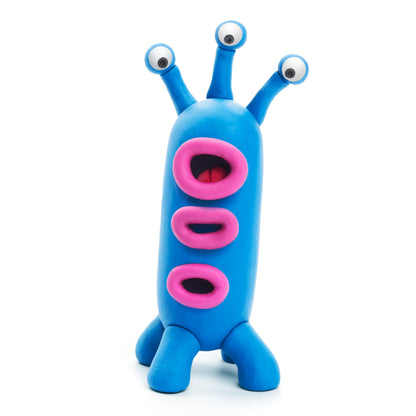 Hey Clay Aliens blauwe Trio alien voorkant staand met drie roze monden boetseerklei figuur