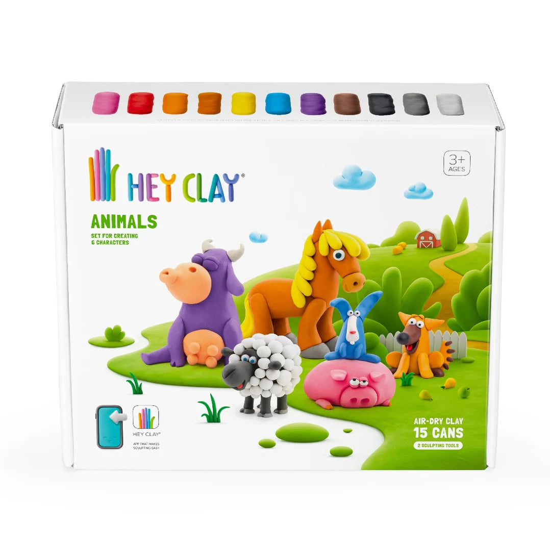 Hey Clay Animals voorkant verpakking bovenaanzicht met 15 potjes kleurrijke boetseerklei