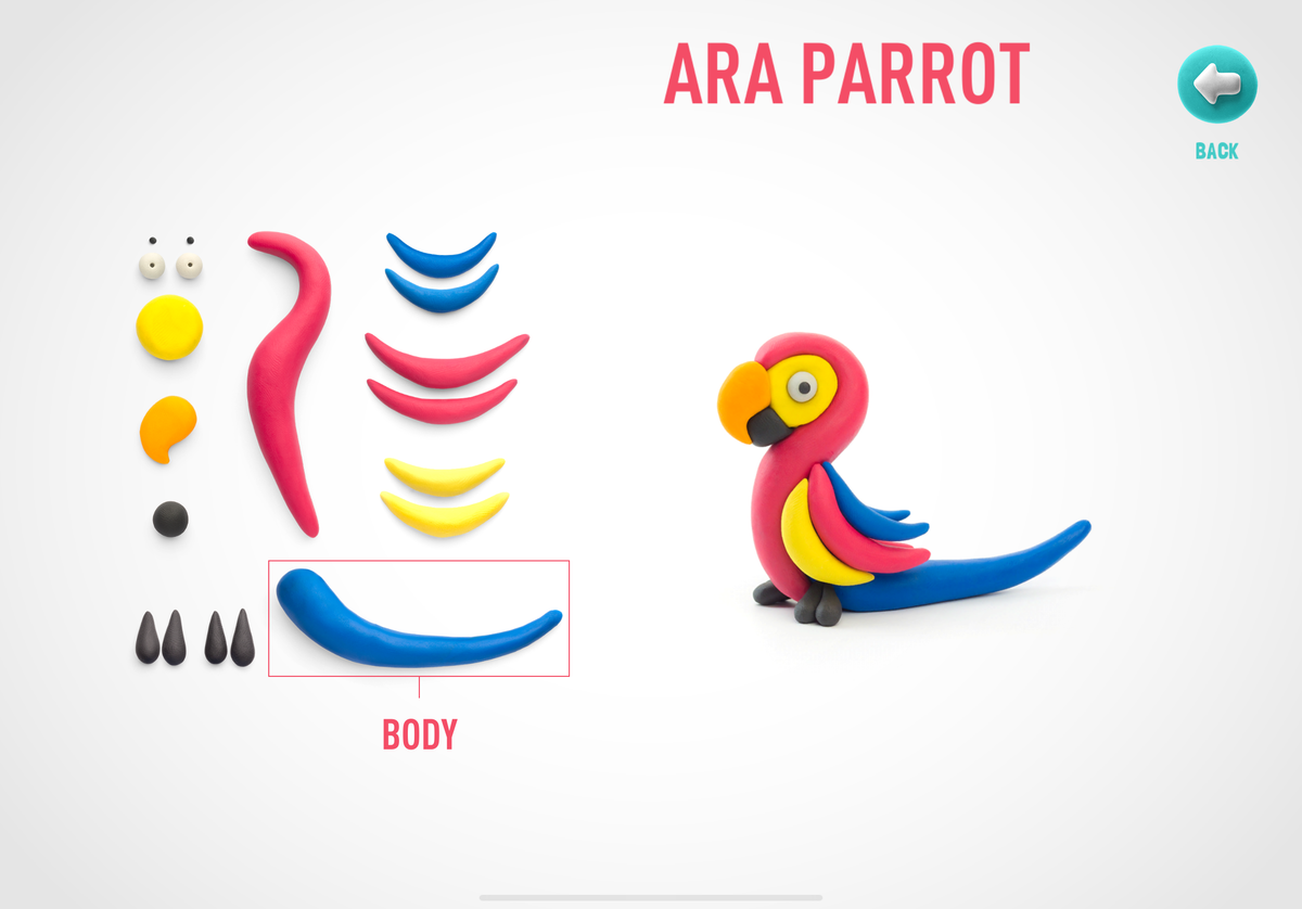 Hey Clay app screenshot met klei-onderdelen en stap-voor-stap instructies voor Ara Parrot creatie