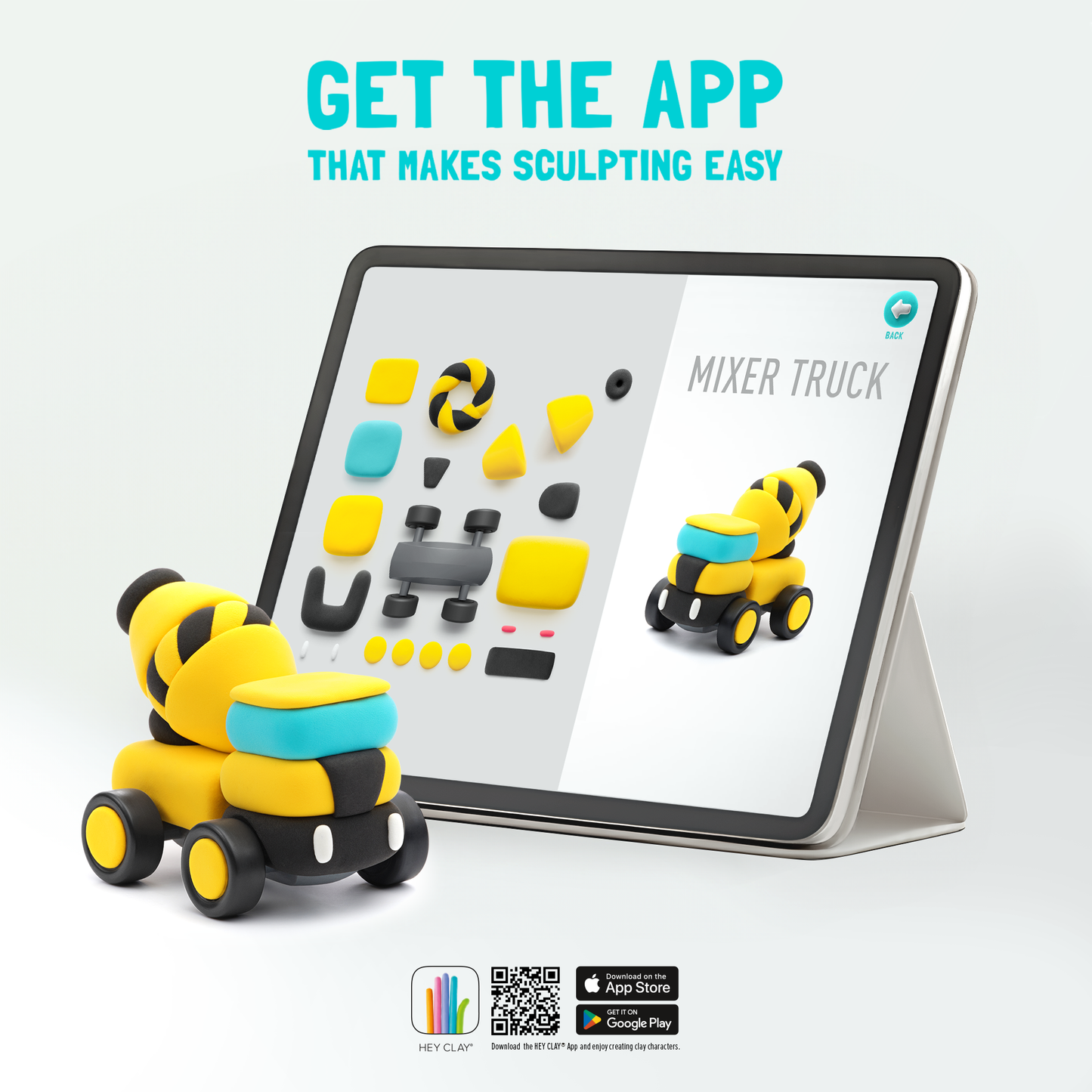 Hey Clay app op tablet met betonmixer - stap-voor-stap klei ideeën voor Construction Vehicles