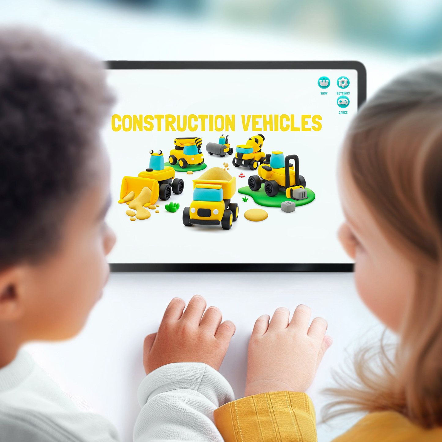 Hey Clay Construction Vehicles app op tablet met kinderen - interactieve klei ideeën voor kleuters
