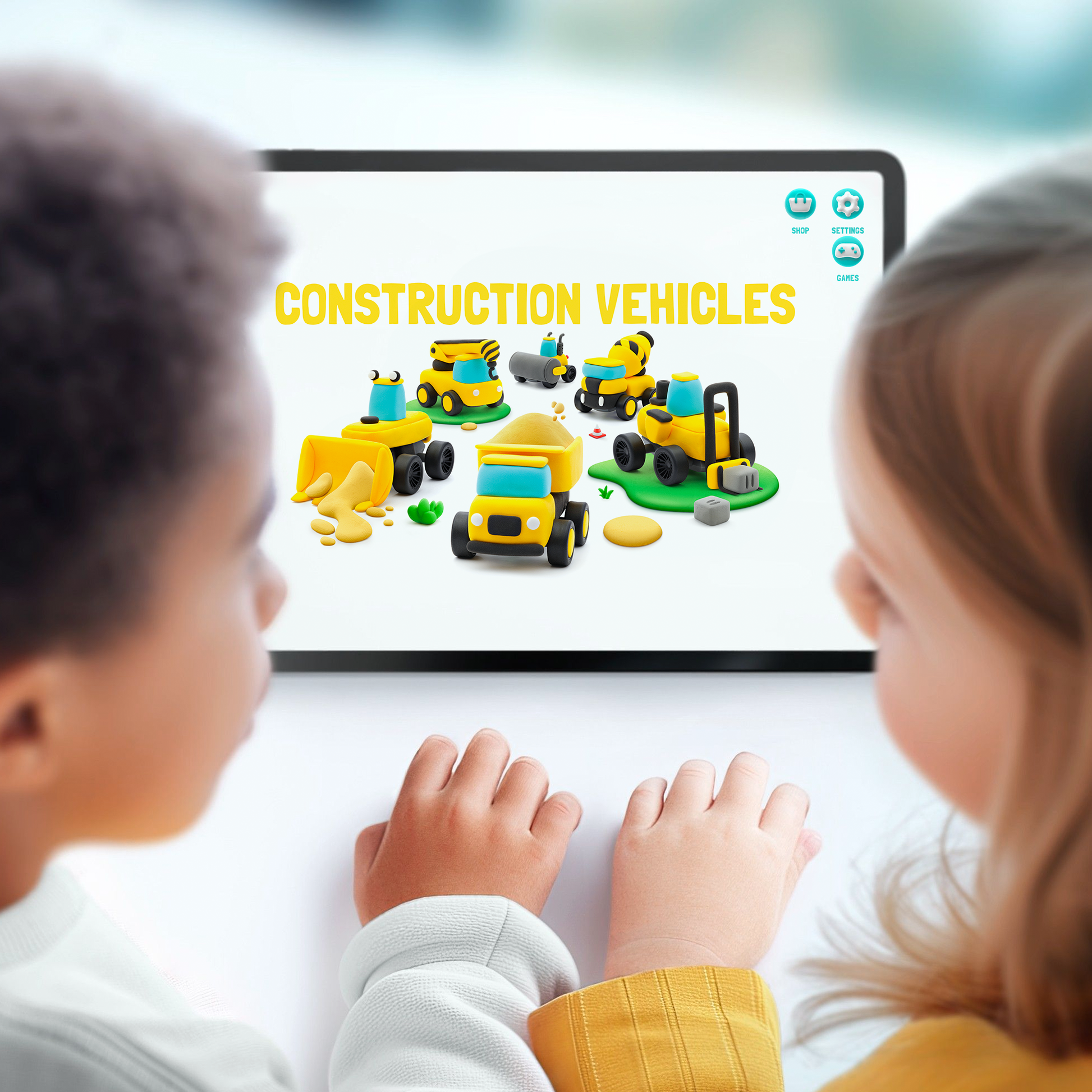 Hey Clay Construction Vehicles app op tablet met kinderen - interactieve klei ideeën voor kleuters