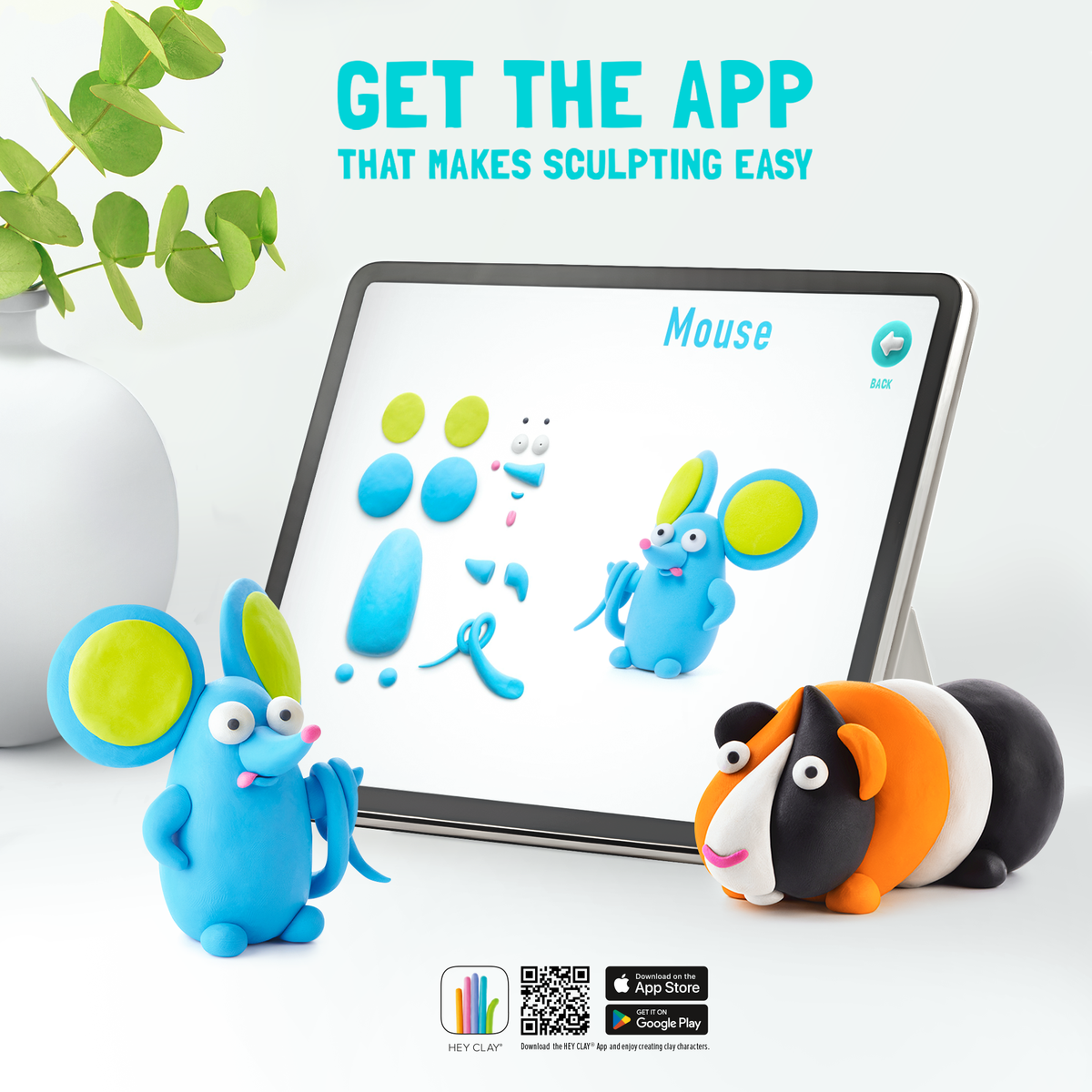 Hey Clay app op tablet toont klei ideeën voor het boetseren van een blauwe muis met boetseerklei