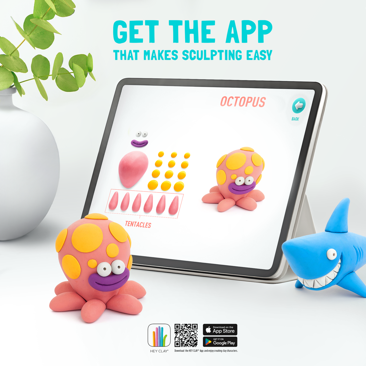 Hey Clay app interface op tablet met octopus klei ideeën en stapsgewijze boetseerinstructies voor kinderen