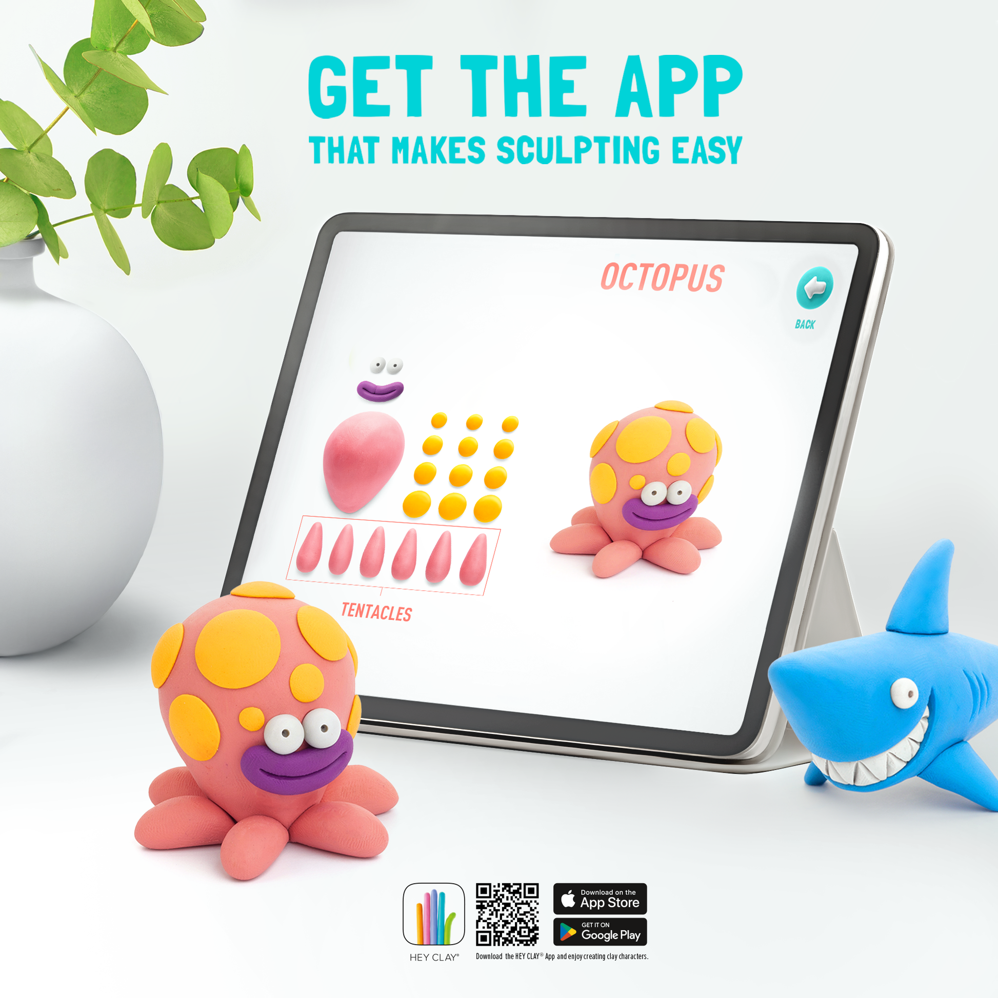 Hey Clay app interface op tablet met octopus klei ideeën en stapsgewijze boetseerinstructies voor kinderen