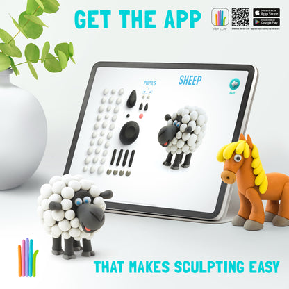 Hey Clay app interface met schaap instructies, tablet toont klei ideeën voor boerderijdieren