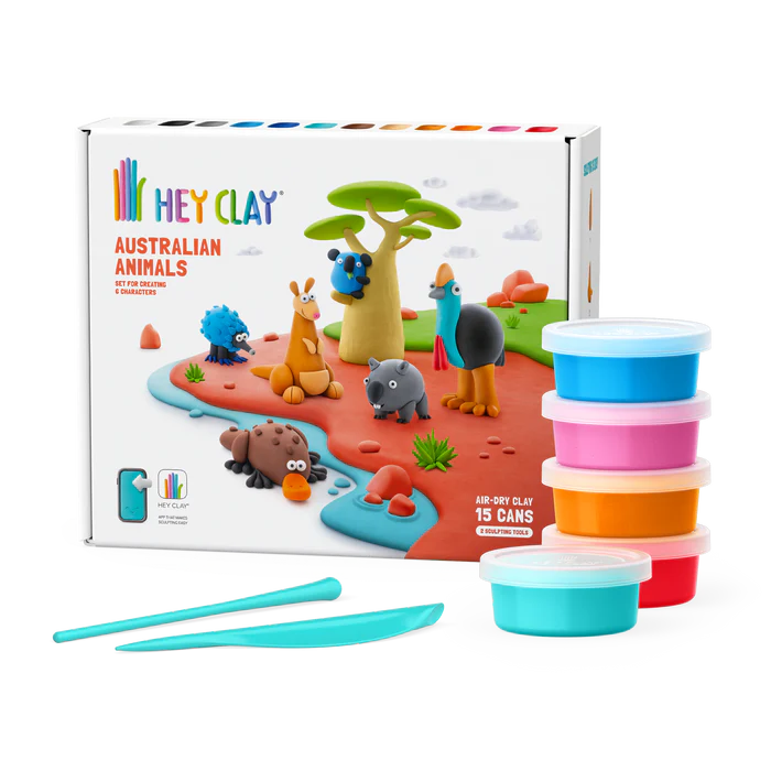 Hey Clay Australian Animals boetseerklei set voorzijde doos met 15 kleurrijke potjes en tools, voor kinderen om te kleien.