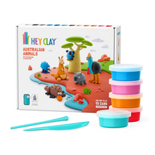 Hey Clay Australian Animals boetseerklei set voorzijde doos met 15 kleurrijke potjes en tools, voor kinderen om te kleien.