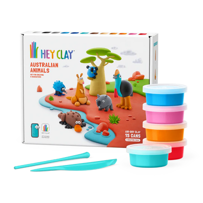 Hey Clay Australian Animals boetseerklei set voorzijde doos met 15 kleurrijke potjes en tools, voor kinderen om te kleien.