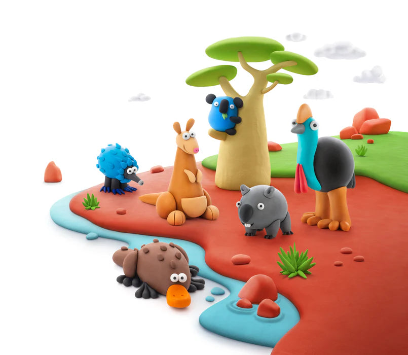 Zes kleurrijke dierenfiguren van Hey Clay boetseerklei in Australisch landschap, educatief speelgoed voor kinderen.