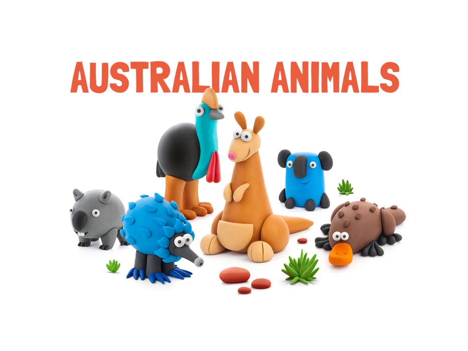 Kleurrijke dieren van Hey Clay boetseerklei uit de Australian Animals set, educatief speelgoed met creatieve klei ideeën.