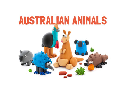Kleurrijke dieren van Hey Clay boetseerklei uit de Australian Animals set, educatief speelgoed met creatieve klei ideeën.