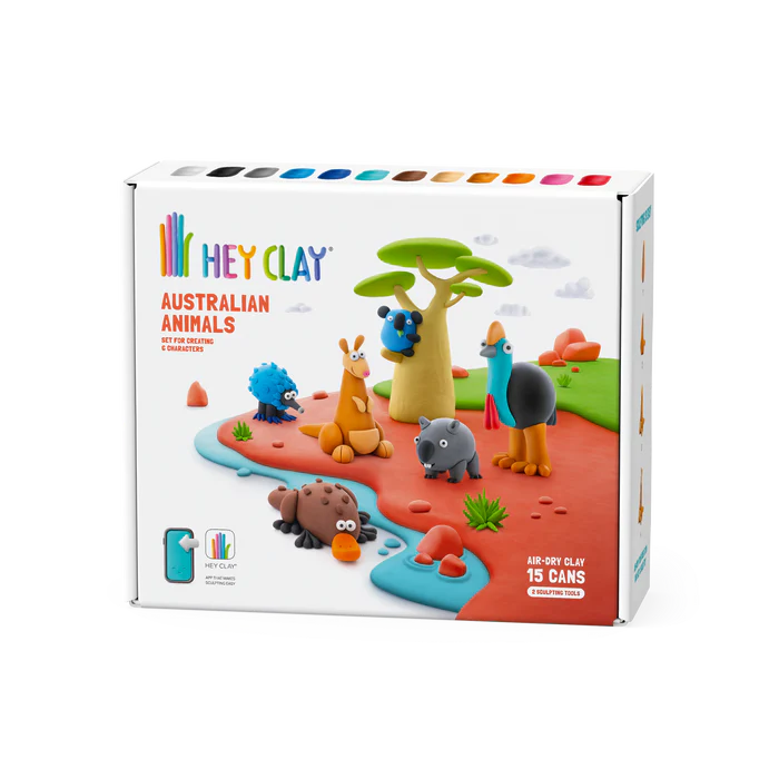Voorkant van Hey Clay Australian Animals doos met kleurrijke dierenfiguren, boetseerklei speelgoed en educatieve klei ideeën.