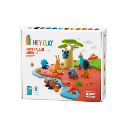Voorkant van Hey Clay Australian Animals doos met kleurrijke dierenfiguren, boetseerklei speelgoed en educatieve klei ideeën.