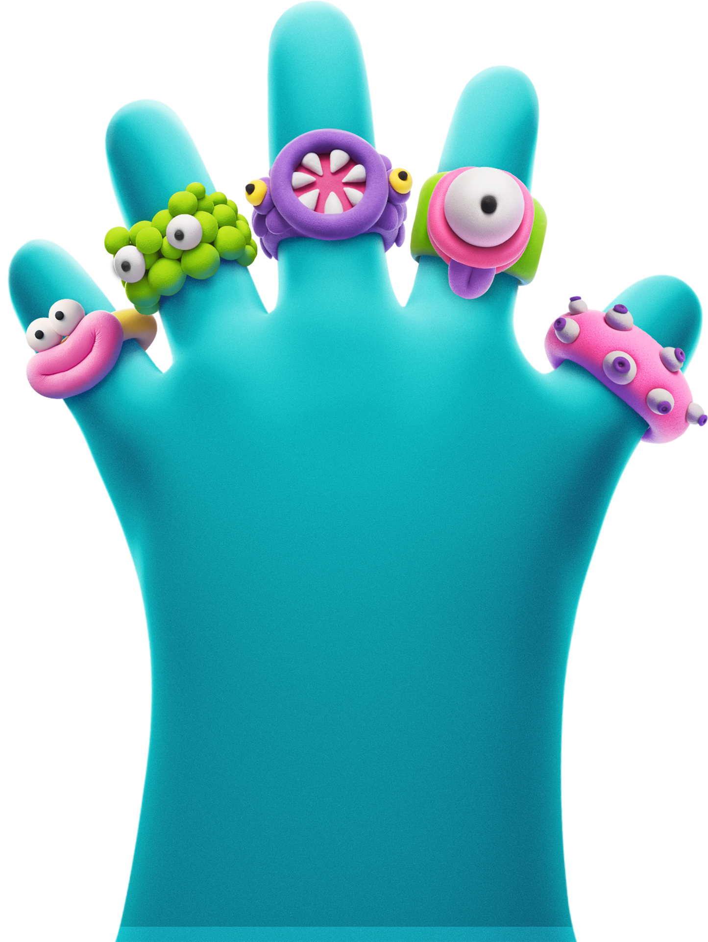Hey Clay Bijou Alien Rings: 5 kleurrijke monster-ringen op blauwe 3D-hand, speelgoed voor kids.