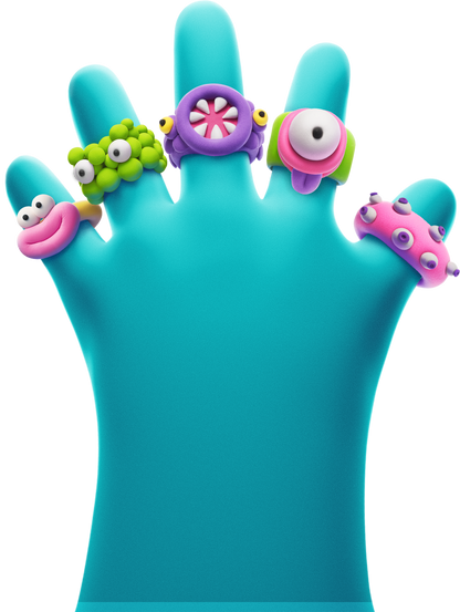 Hey Clay Bijou Alien Rings: 5 kleurrijke monster-ringen op blauwe 3D-hand, speelgoed voor kids.