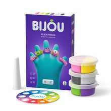 Hey Clay Bijou Alien Rings verpakking: 3 potjes 6 kleuren boetseerklei, ringkegel en ringmaat meter.