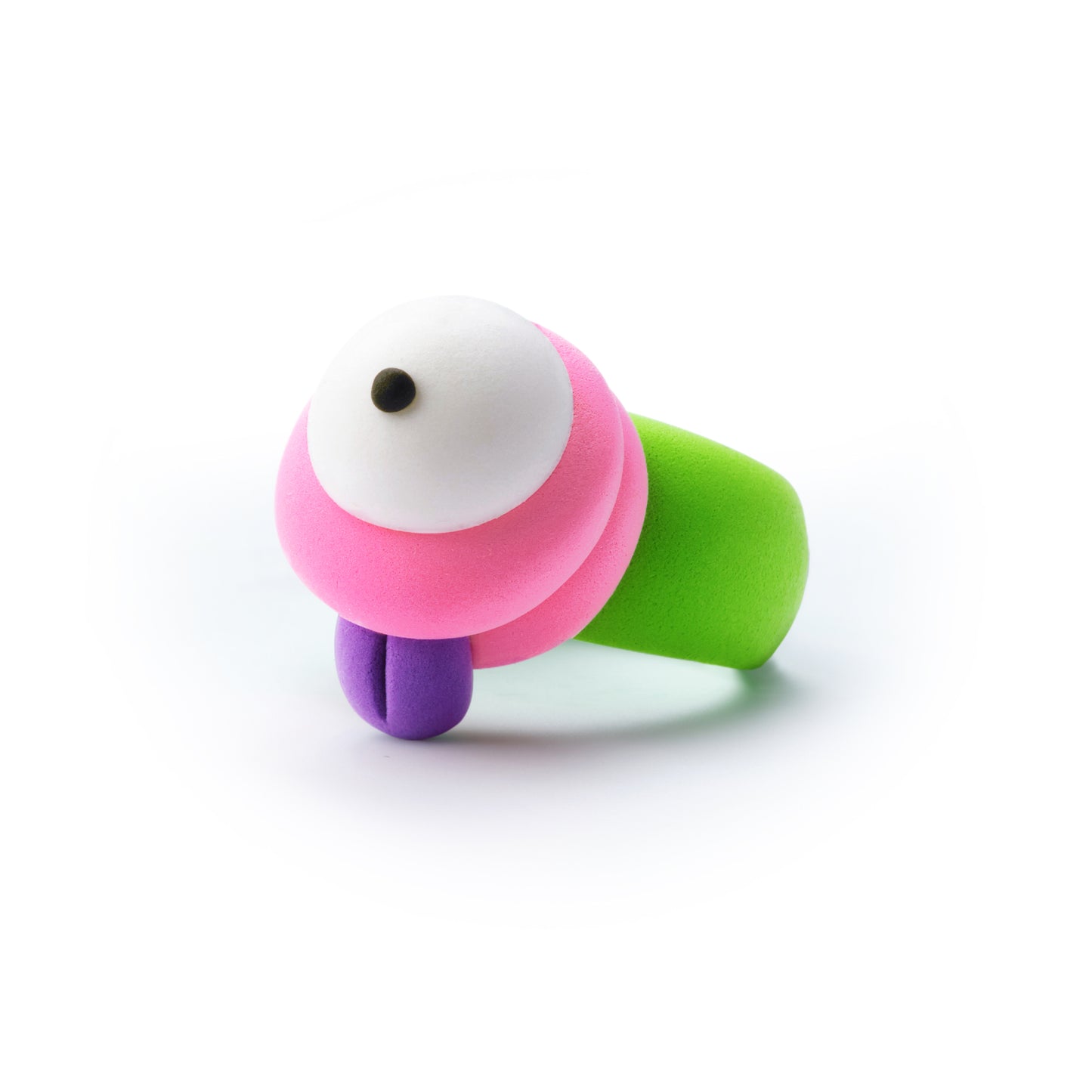 Hey Clay Bijou Inclop Alien Ring: groene band met roze monster-oog en paarse tong, boetseerklei.