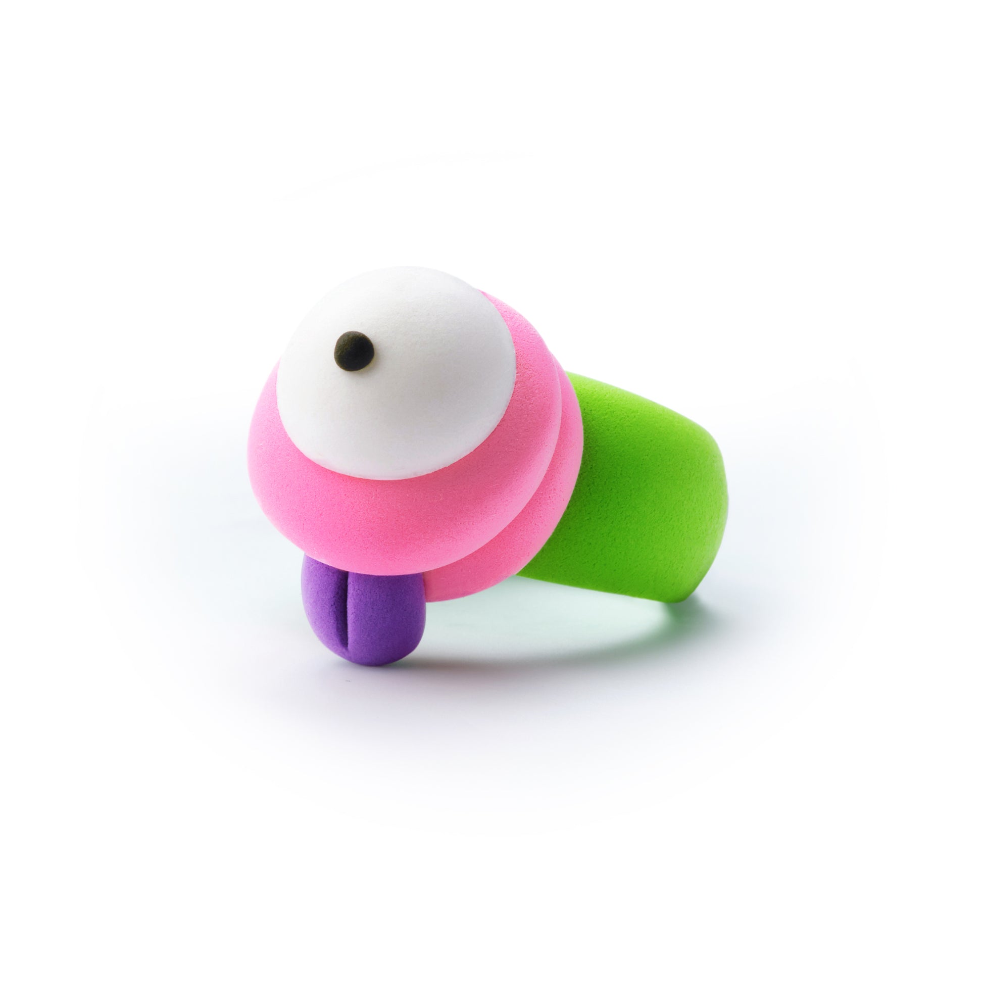 Hey Clay Bijou Inclop Alien Ring: groene band met roze monster-oog en paarse tong, boetseerklei.