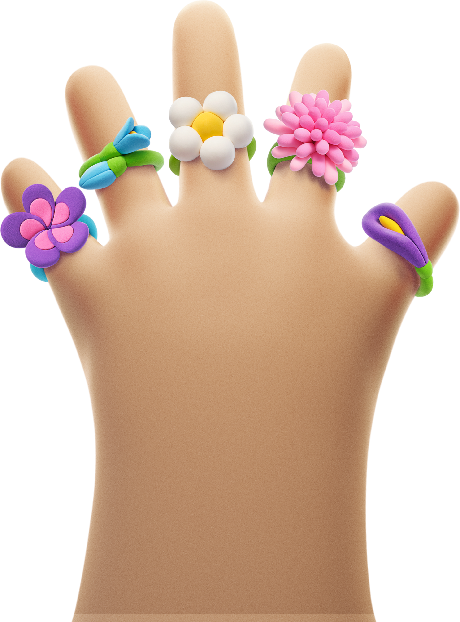 Hey Clay Bijou Rings Flower set: 3D hand met 5 kleurrijke bloemenringen van boetseerklei voor kinderen.