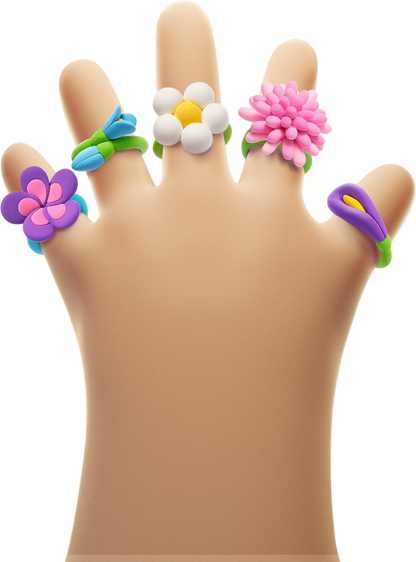 Hey Clay Bijou Rings Flower set: 3D hand met 5 kleurrijke bloemenringen van boetseerklei voor kinderen.