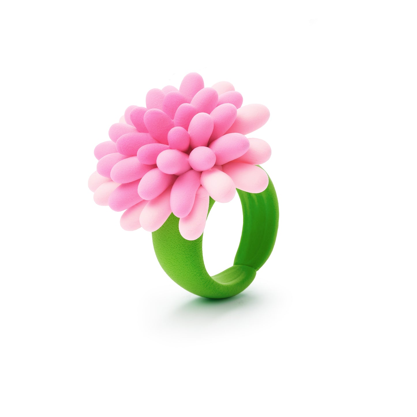 Hey Clay Bijou Rings Flower aster ring: volle roze bloem op groene band, handgemaakt van 6 kleuren boetseerklei.
