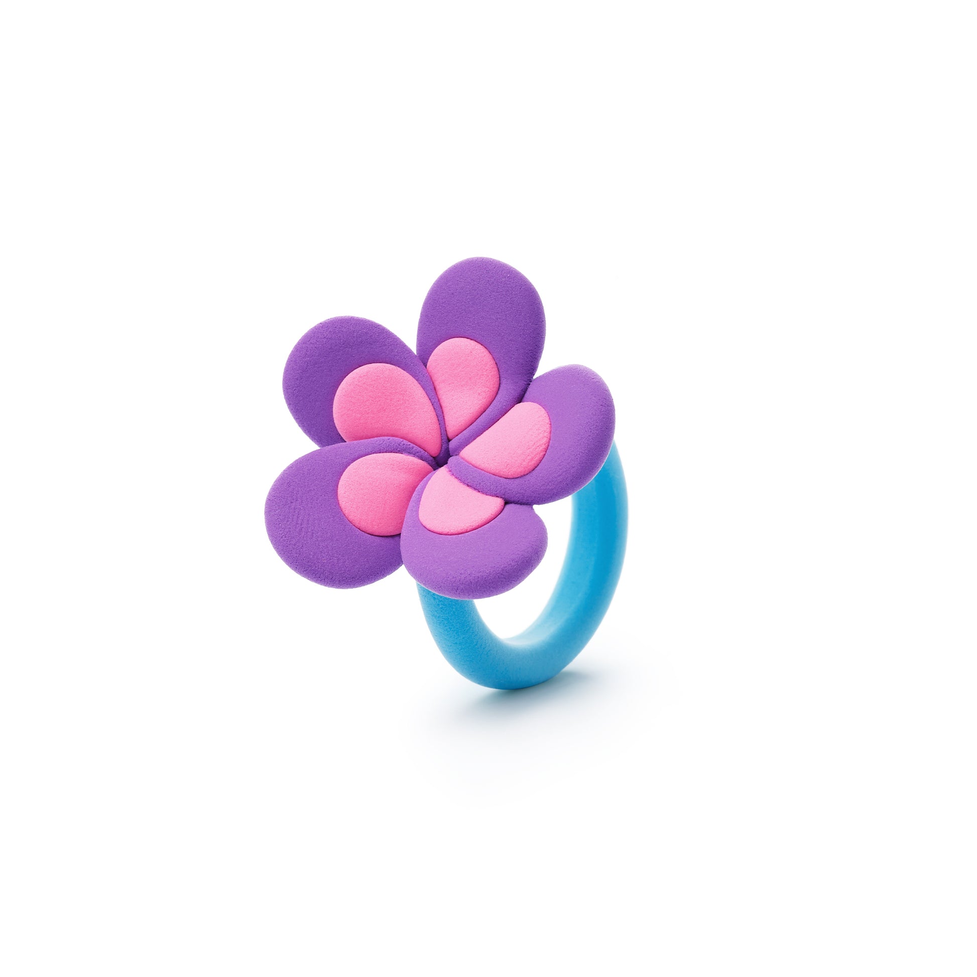 Hey Clay Bijou Rings Flower plumeria ring: blauwe band met paars-roze bloem van boetseerklei voor kinderen.