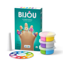 Hey Clay Bijou Flower Rings doos met 3 potjes, 6 kleuren boetseerklei, ringmaat meter en kegelmal, speelgoed kinderen.